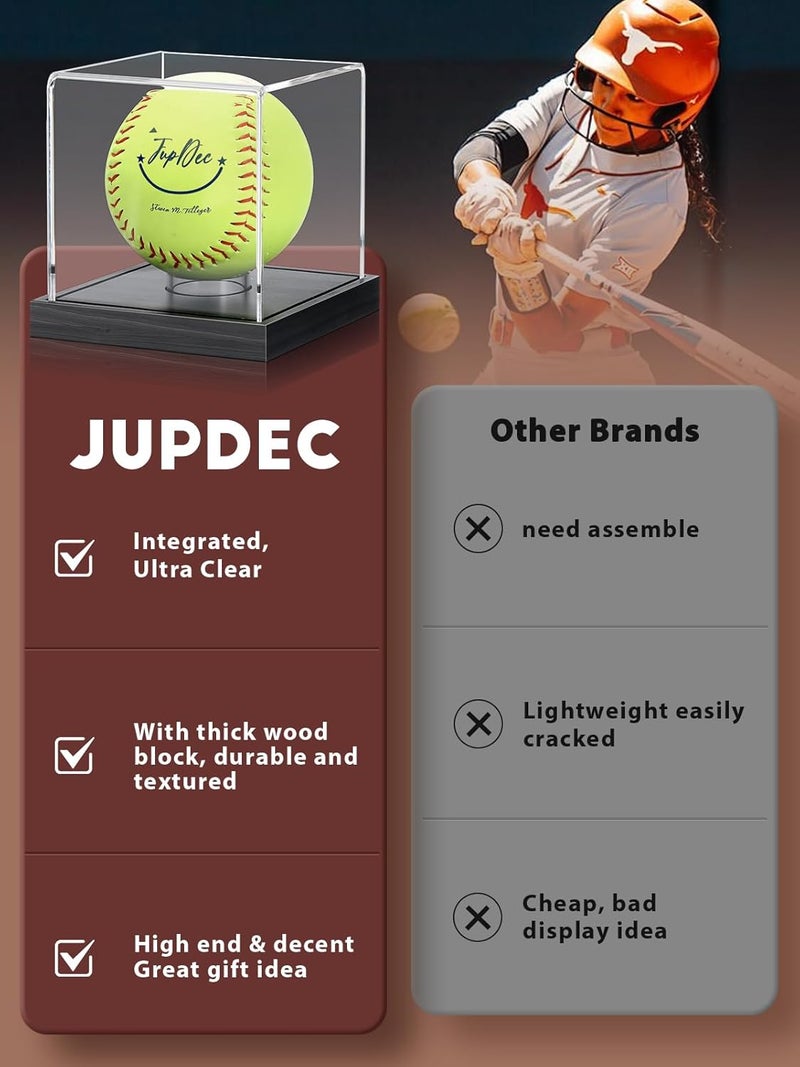 JupDec Softball Display Case Clear Acrylic Ball Holder, UV Protected Cube with Wood Base Stand, Championship Sports Collections Box Showcase, Black - Image 5